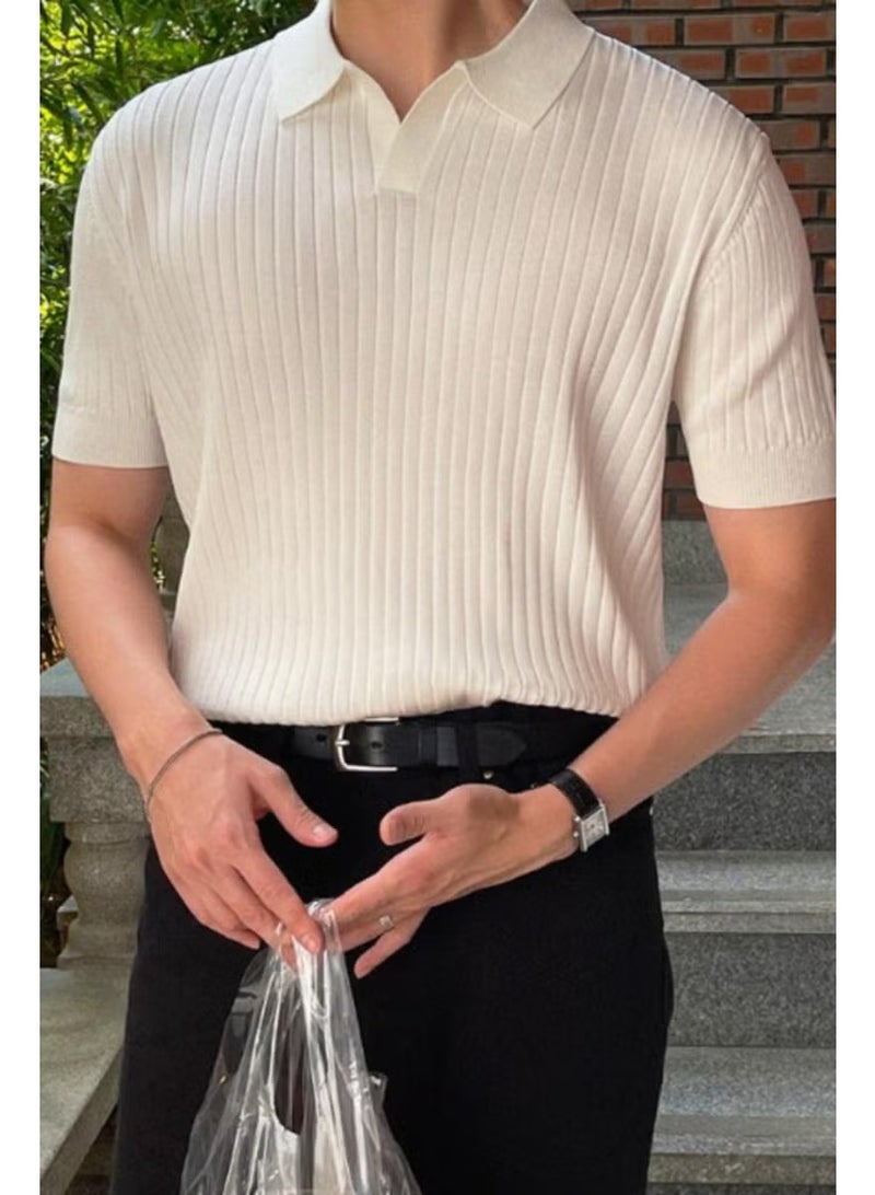 Cool Tarz Cool Style White Men's Ribbed Polo Neck Knit T-Shirt - Image 2